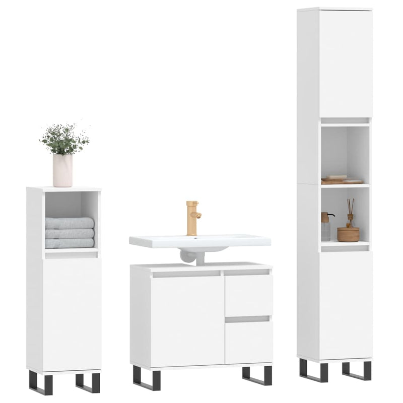 Set mobilier de baie, 3 piese, alb, lemn compozit