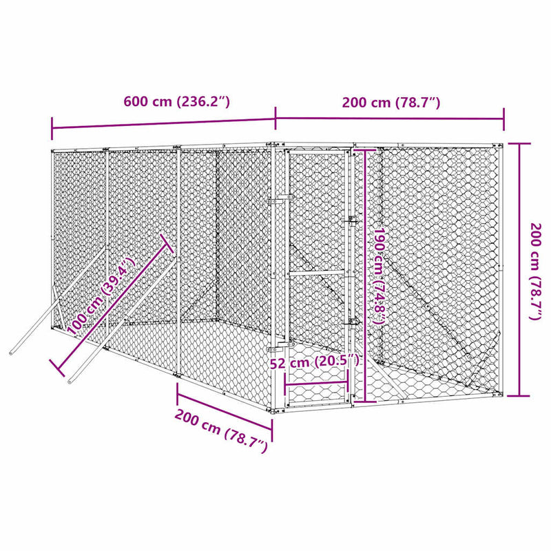 Padoc de exterior pentru câini argintiu 2x6x2 m oțel galvanizat