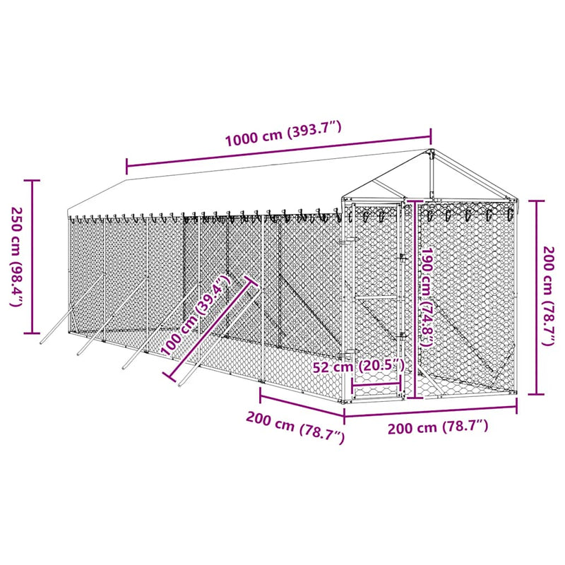Padoc exterior cu acoperiș argintiu 2x10x2,5 m oțel galvanizat