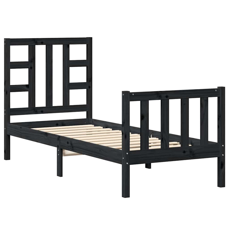 Cadru de pat cu tăblie Small Single, negru, lemn masiv