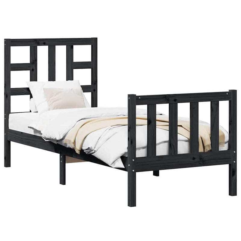 Cadru de pat cu tăblie Small Single, negru, lemn masiv