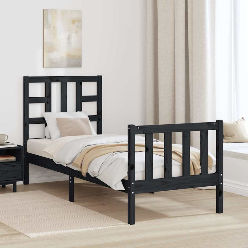 Cadru de pat cu tăblie Small Single, negru, lemn masiv