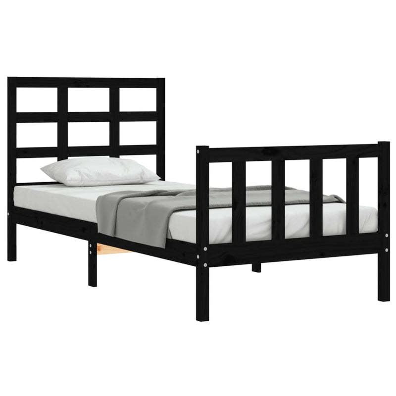 Cadru de pat cu tăblie Small Single, negru, lemn masiv