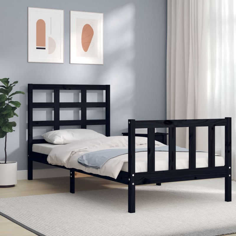 Cadru de pat cu tăblie Small Single, negru, lemn masiv