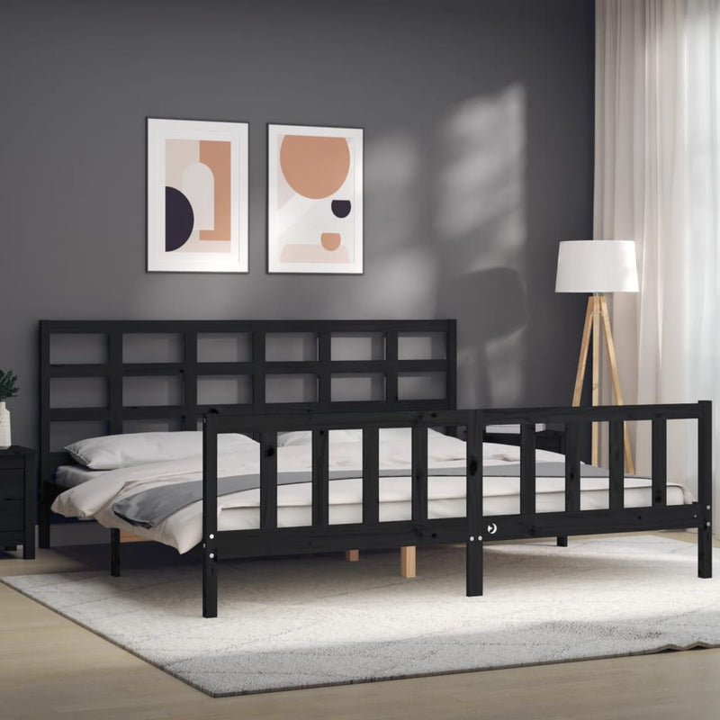 Cadru pat cu tăblie 200x200 cm, negru, lemn masiv