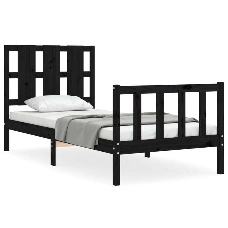 Cadru de pat cu tăblie Small Single, negru, lemn masiv