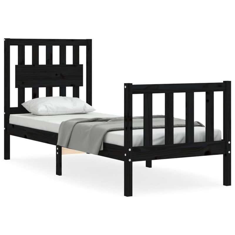 Cadru de pat cu tăblie Small Single, negru, lemn masiv