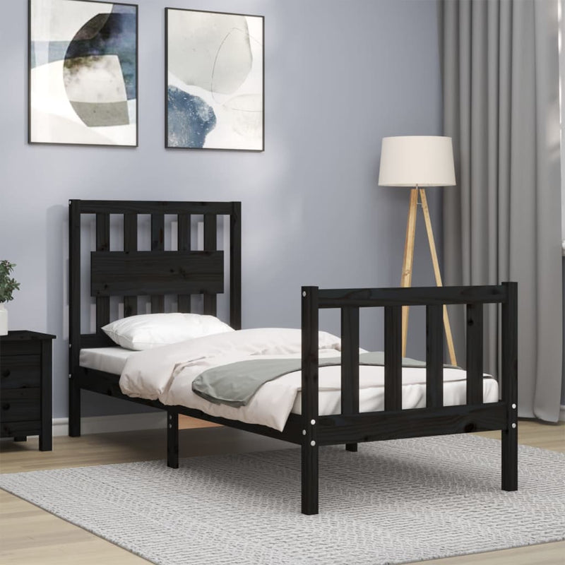 Cadru de pat cu tăblie Small Single, negru, lemn masiv