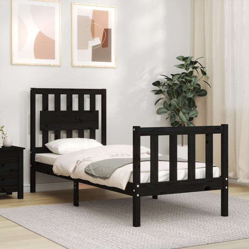 Cadru de pat cu tăblie Small Single, negru, lemn masiv