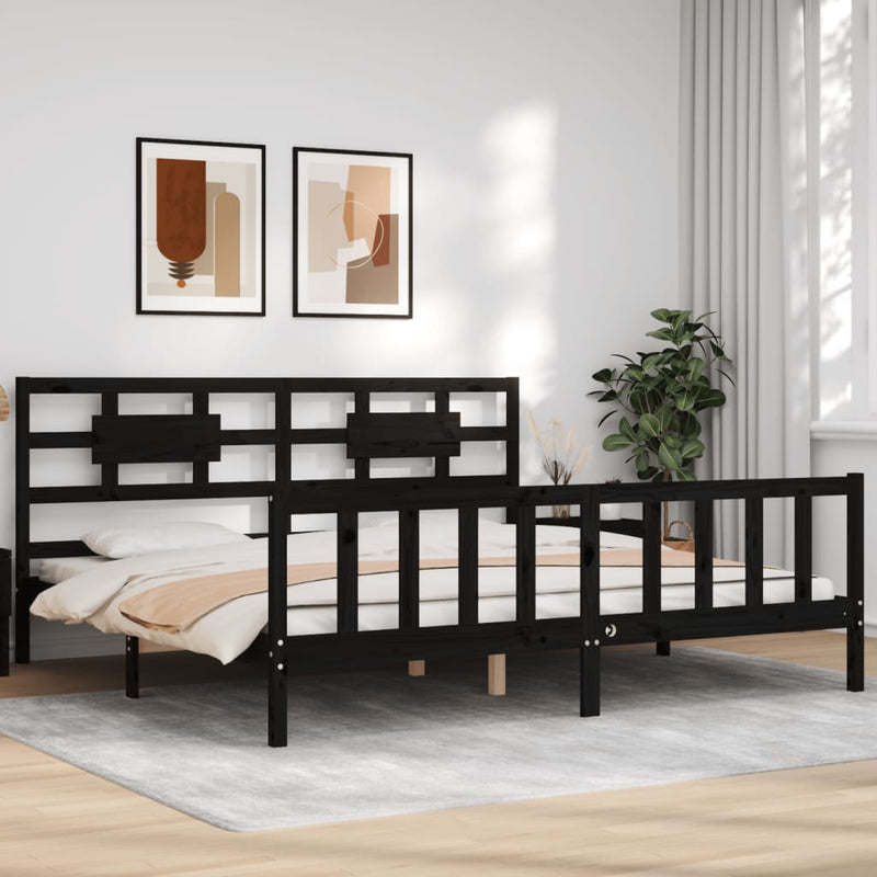 Cadru pat cu tăblie 200x200 cm, negru, lemn masiv