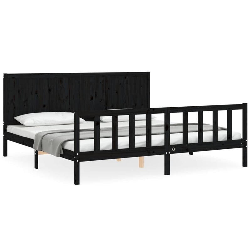 Cadru pat cu tăblie 200x200 cm, negru, lemn masiv