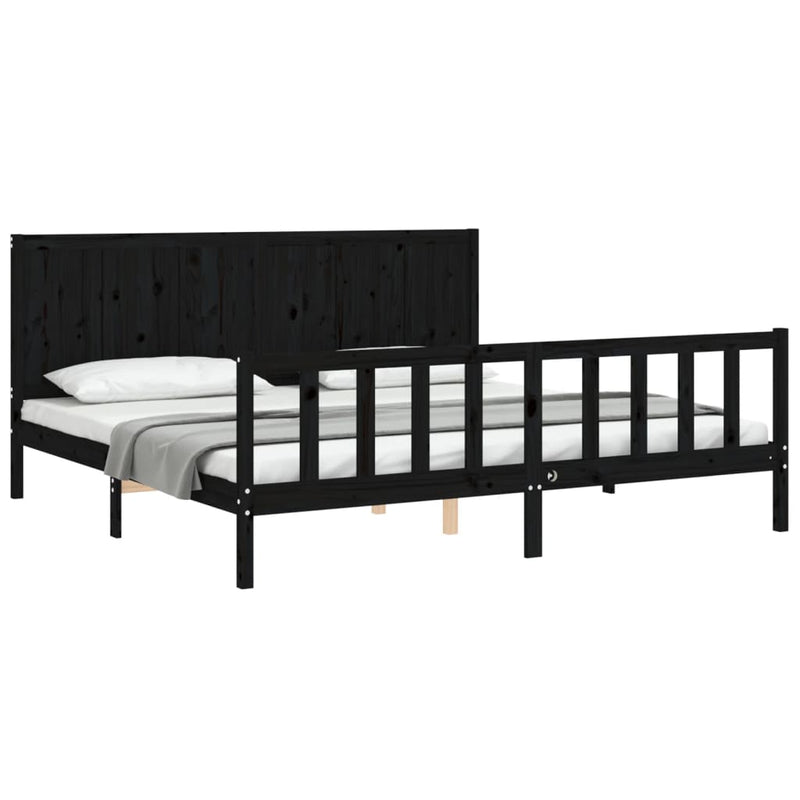 Cadru pat cu tăblie 200x200 cm, negru, lemn masiv