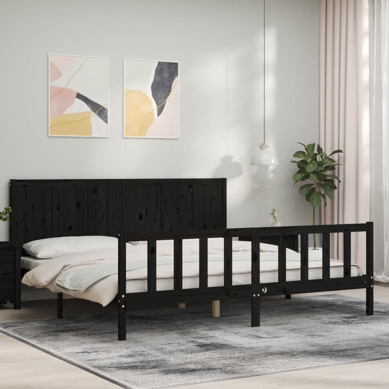 Cadru pat cu tăblie 200x200 cm, negru, lemn masiv