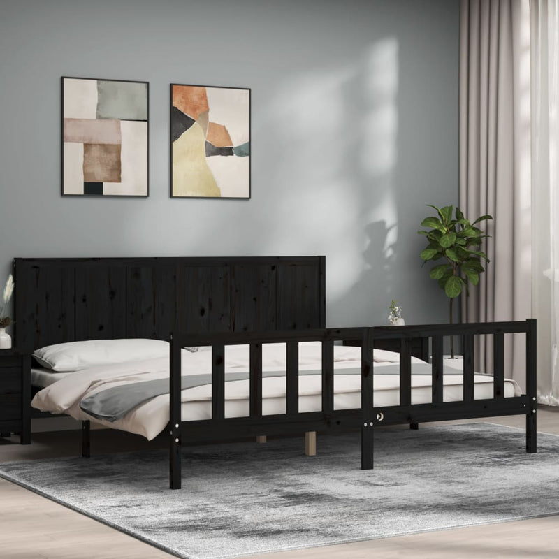 Cadru pat cu tăblie 200x200 cm, negru, lemn masiv