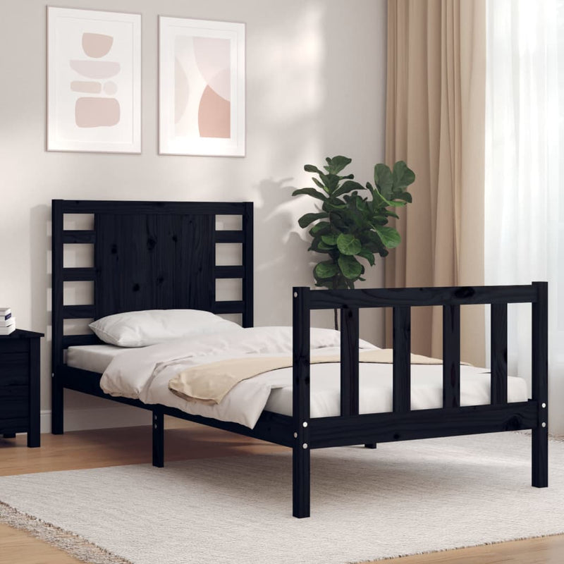 Cadru de pat cu tăblie Small Single, negru, lemn masiv