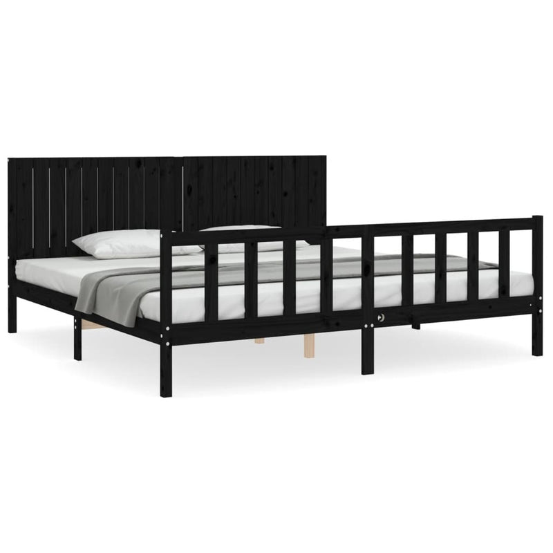Cadru pat cu tăblie 200x200 cm, negru, lemn masiv