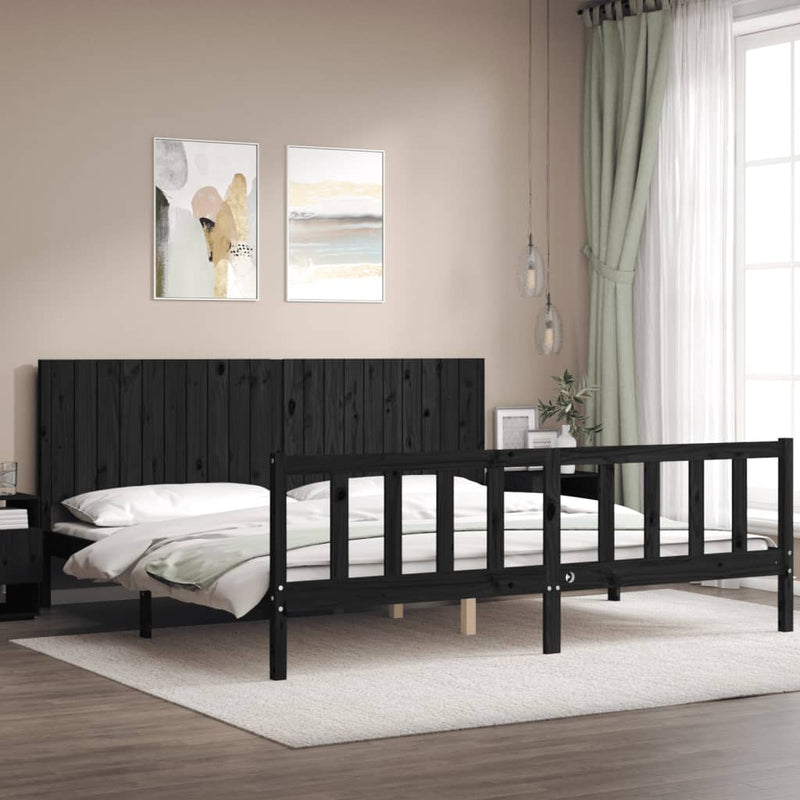 Cadru pat cu tăblie 200x200 cm, negru, lemn masiv
