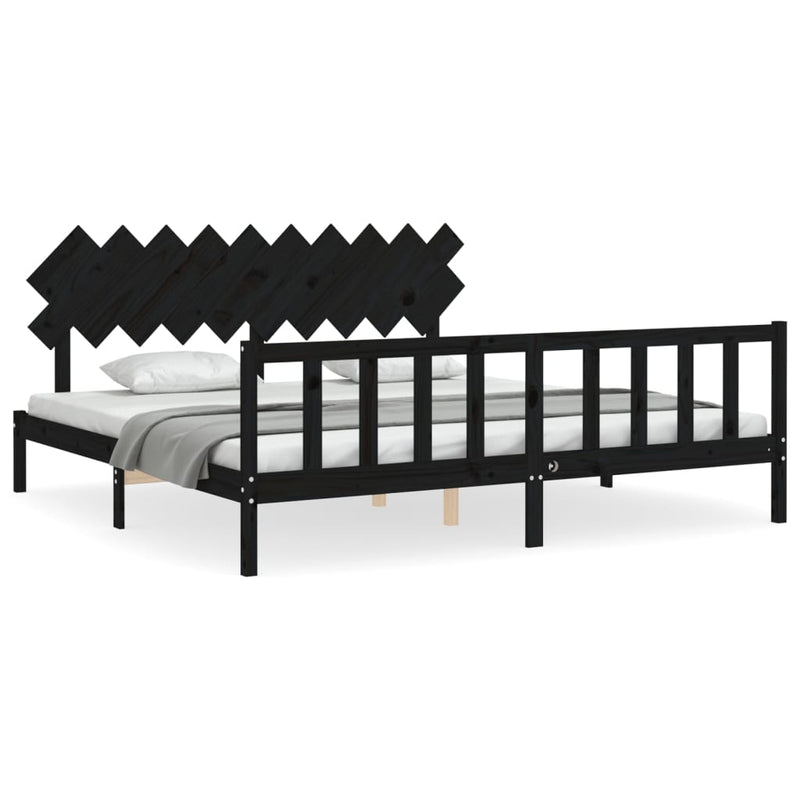 Cadru pat cu tăblie 200x200 cm, negru, lemn masiv