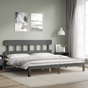 Cadru pat cu tăblie 200x200 cm, gri, lemn masiv