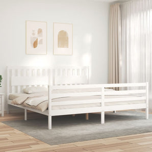 Cadru pat cu tăblie 200x200 cm, alb, lemn masiv