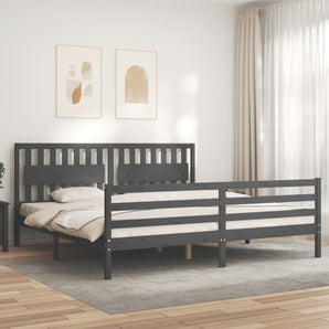 Cadru pat cu tăblie 200x200 cm, gri, lemn masiv