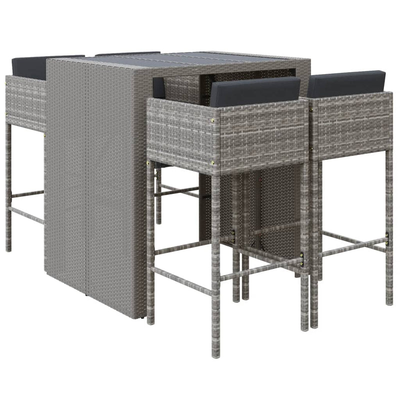 Set mobilier bar de grădină, cu perne, 5 piese, gri, poliratan