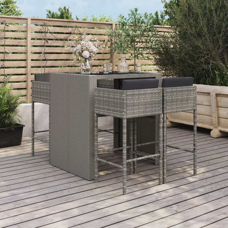 Set mobilier bar de grădină, cu perne, 5 piese, gri, poliratan