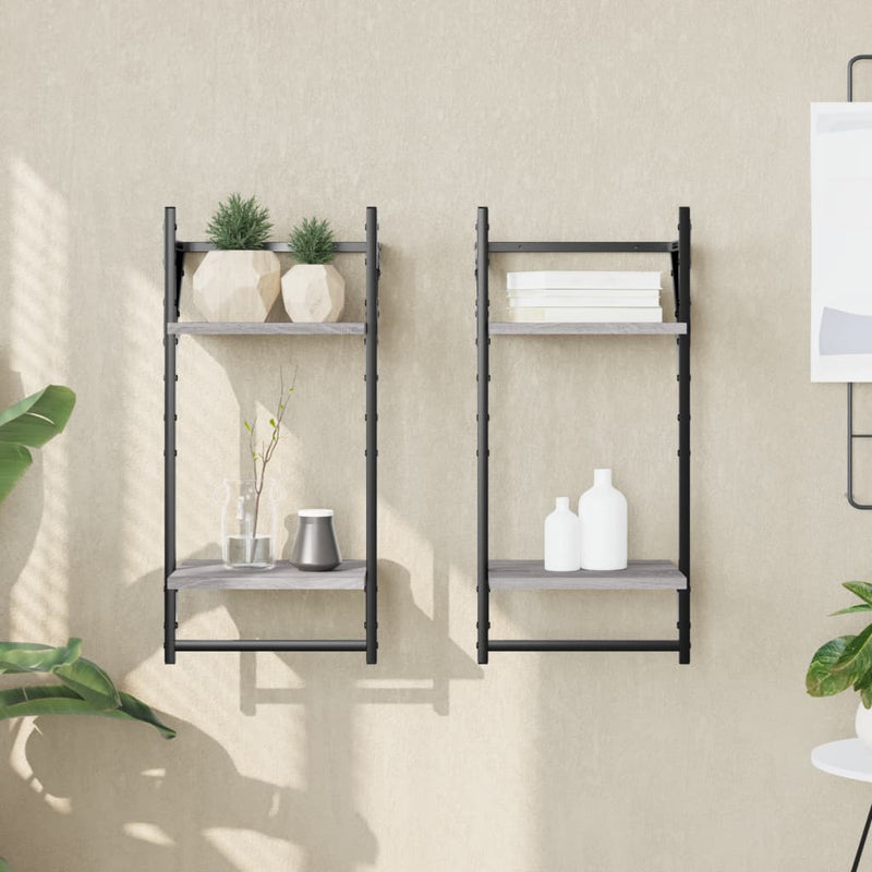 Rafturi perete 2 niveluri cu bare 2 buc. gri sonoma 30x25x65 cm