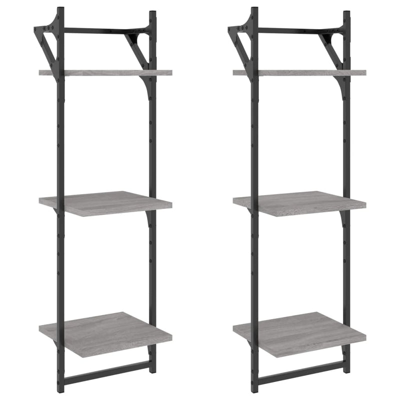 Rafturi perete 3 niveluri cu bare 2 buc. gri sonoma 30x25x100cm