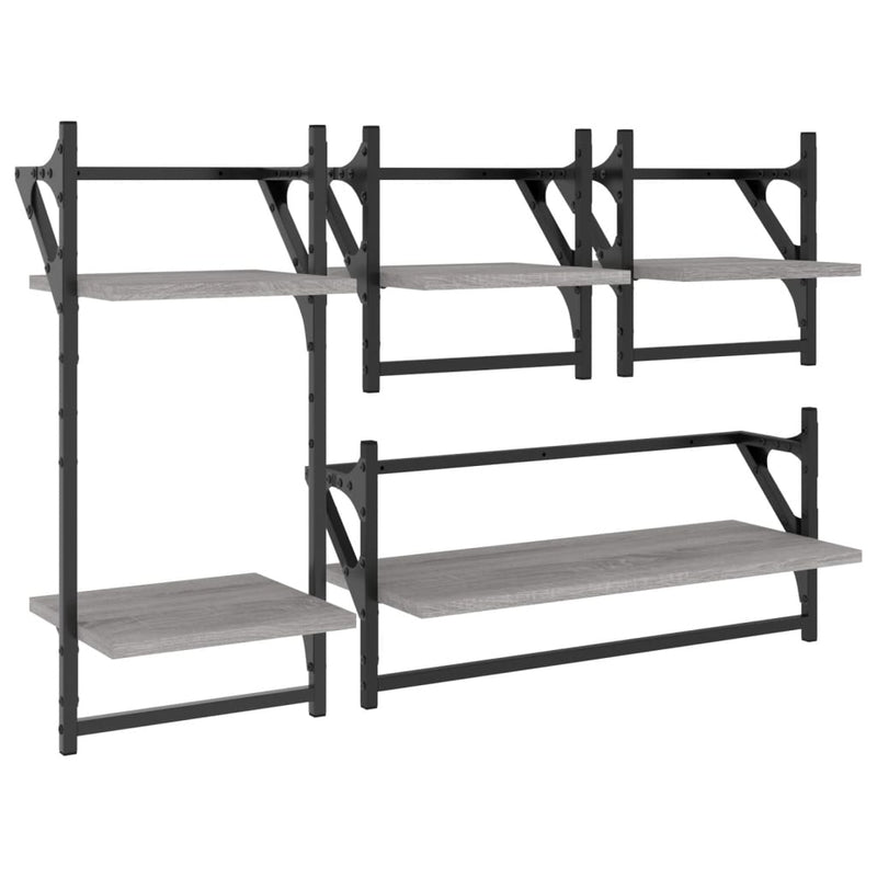 Set rafturi perete cu bare, 4 buc., gri sonoma, lemn prelucrat