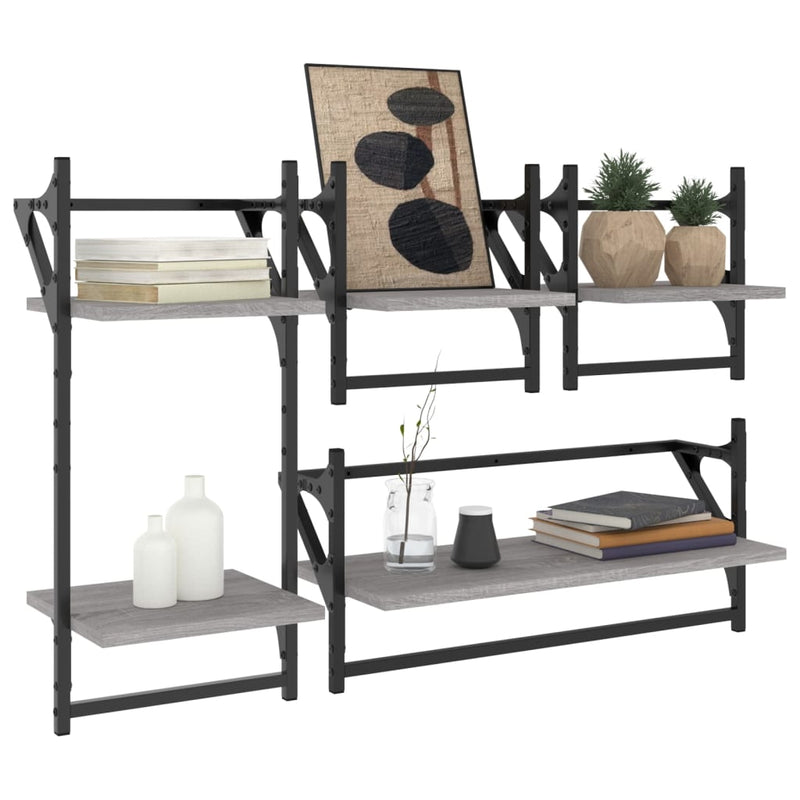 Set rafturi perete cu bare, 4 buc., gri sonoma, lemn prelucrat
