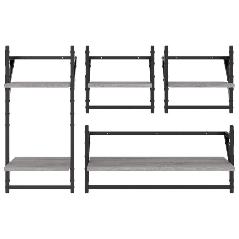 Set rafturi perete cu bare, 4 buc., gri sonoma, lemn prelucrat