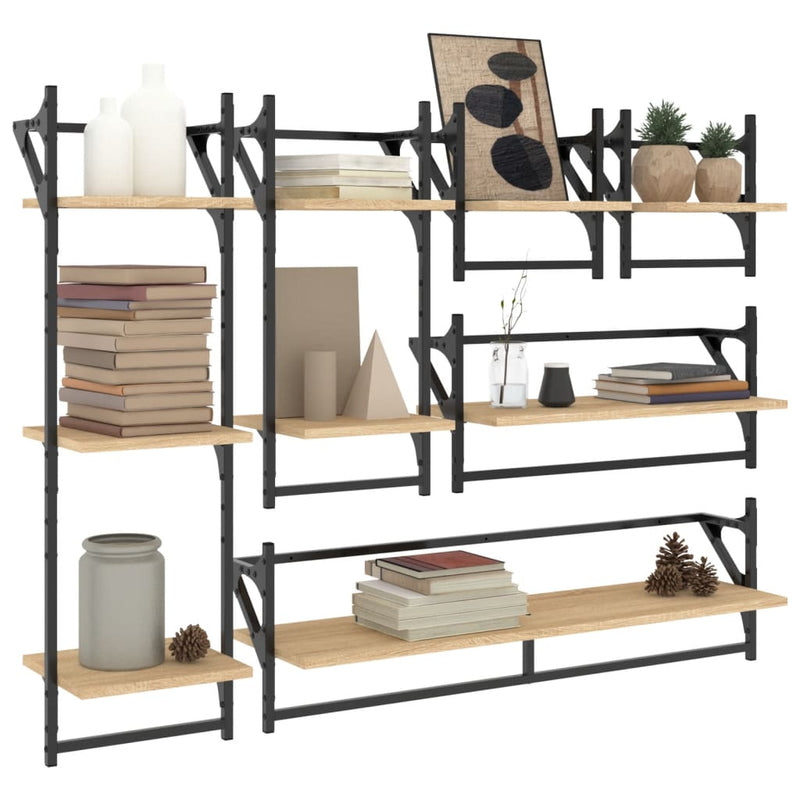 Set rafturi perete cu bare, 6 buc. stejar sonoma lemn prelucrat