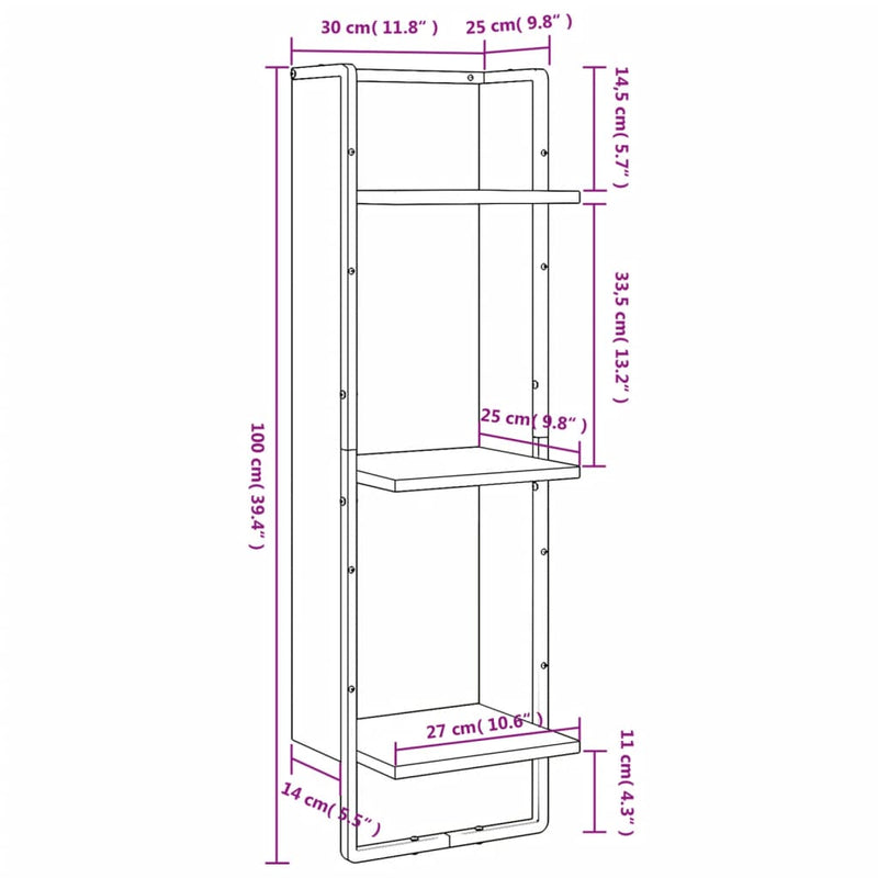 Raft cu 3 niveluri stejar sonoma, 30x25x100 cm, lemn prelucrat
