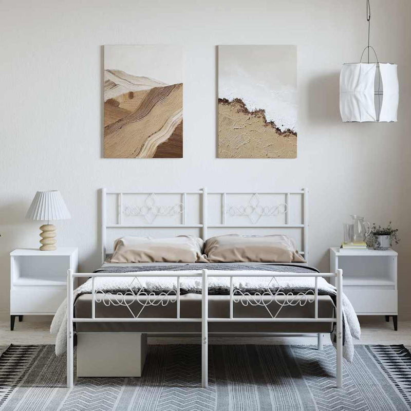 Cadru de pat metalic cu tăblie, alb, 135x190 cm