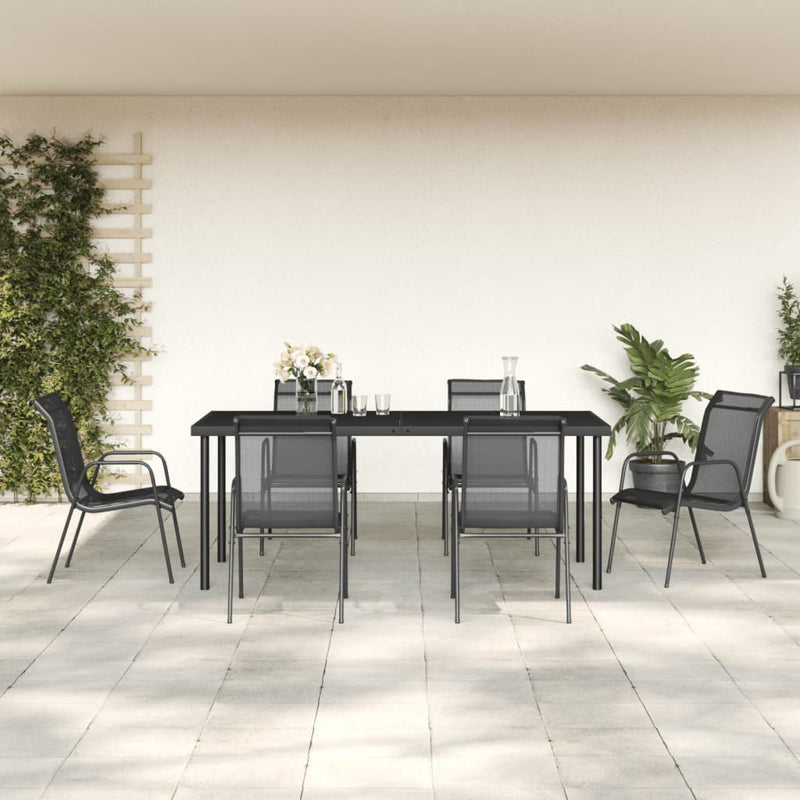 Set mobilier de grădină, 7 piese, negru, oțel și textilenă