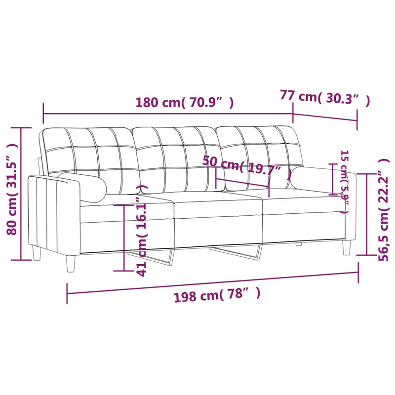 Canapea cu 3 locuri cu pernuțe, gri deschis, 180 cm, textil