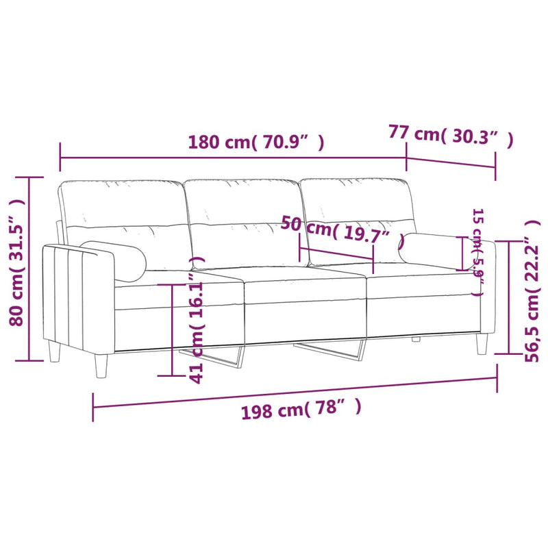 Canapea cu 3 locuri cu pernuțe, maro, 180 cm, textil