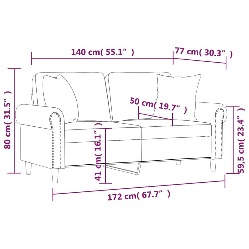 Canapea cu 2 locuri cu pernuțe, roz, 140 cm, catifea