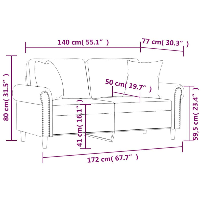 Canapea cu 2 locuri cu pernuțe, galben, 140 cm, catifea