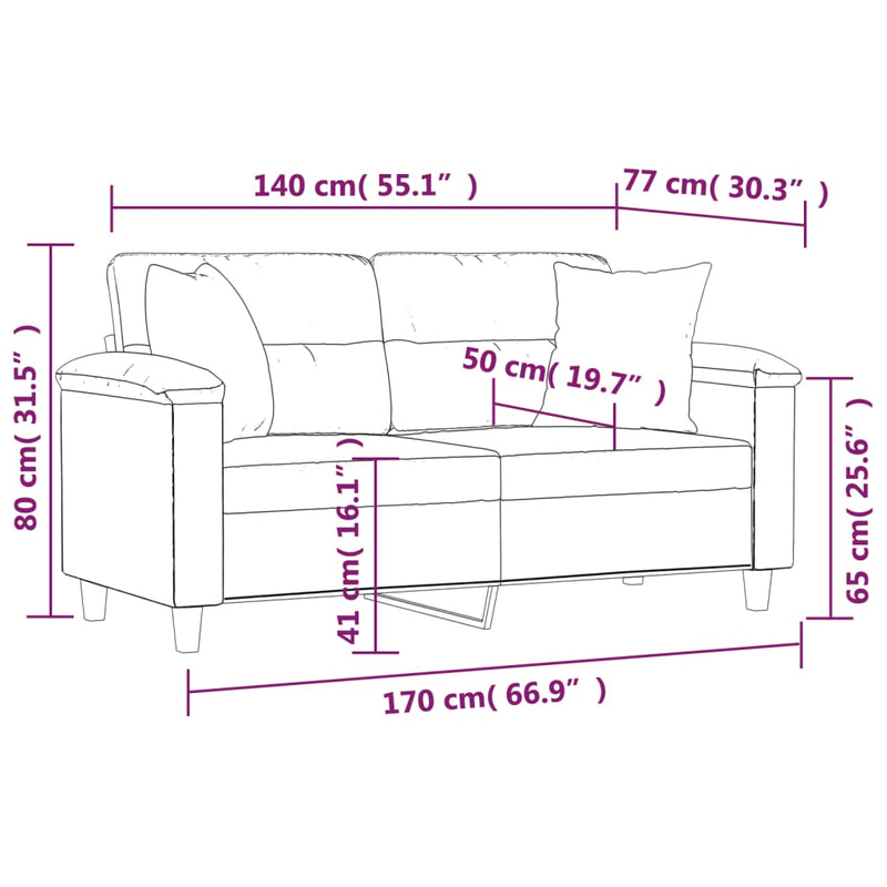 Canapea cu 2 locuri, cu perne, gri deschis, 140 cm, microfibră