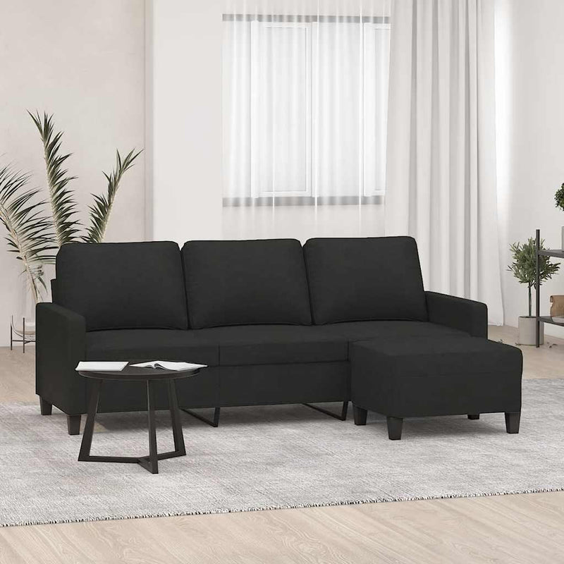 Canapea cu 3 locuri cu taburet, negru, 180 cm, material textil