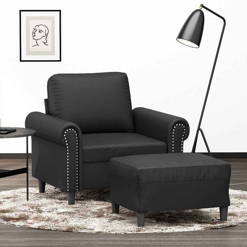 Fotoliu canapea cu taburet, negru, 60 cm, piele ecologică