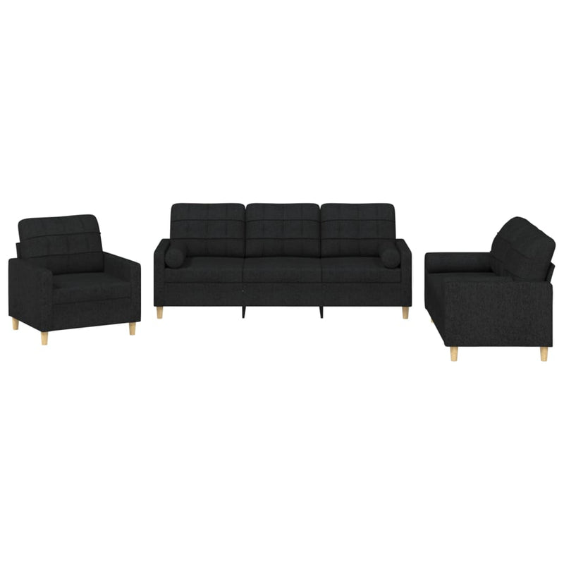 Set de canapele cu perne, 3 piese, negru, textil