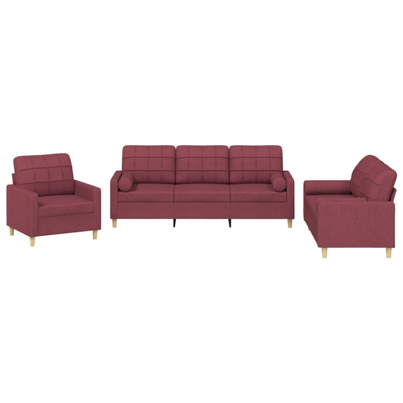 Set canapea cu perne, 3 piese, roșu vin, material textil