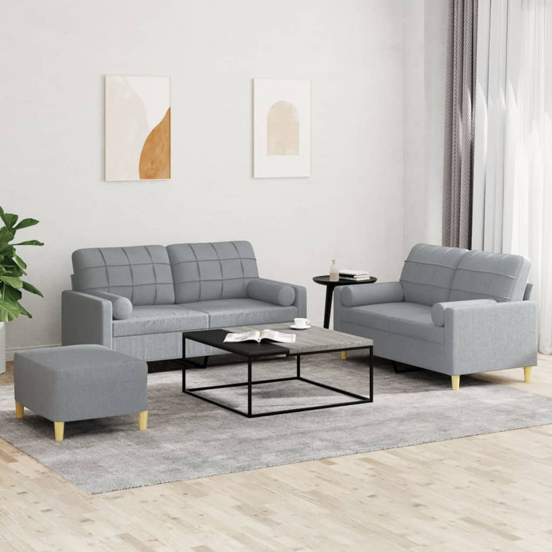 Set de canapele cu perne, 3 piese, gri deschis, textil