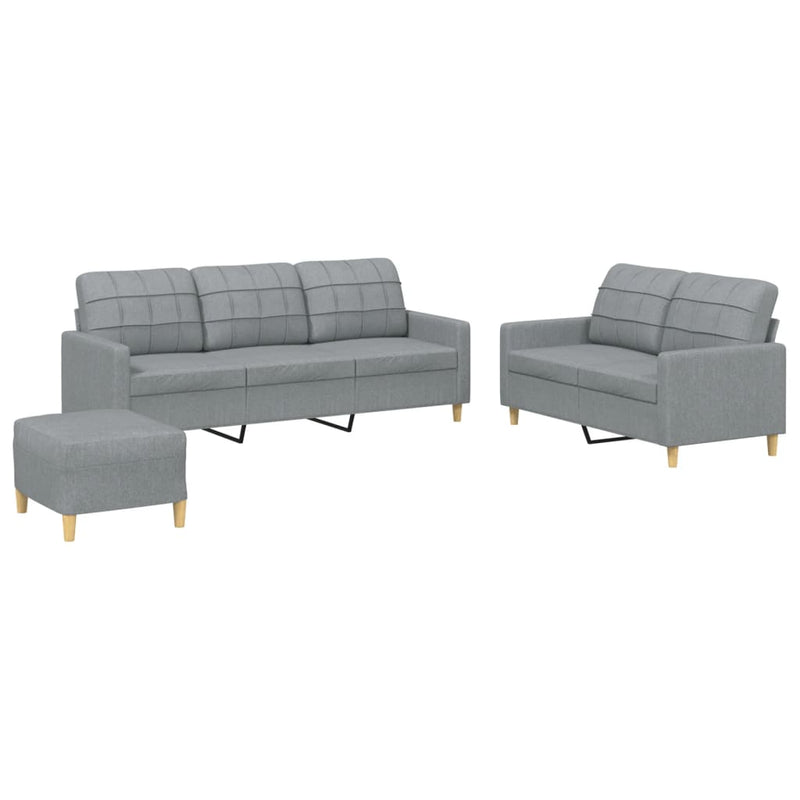 Set de canapele cu perne, 3 piese, gri deschis, textil