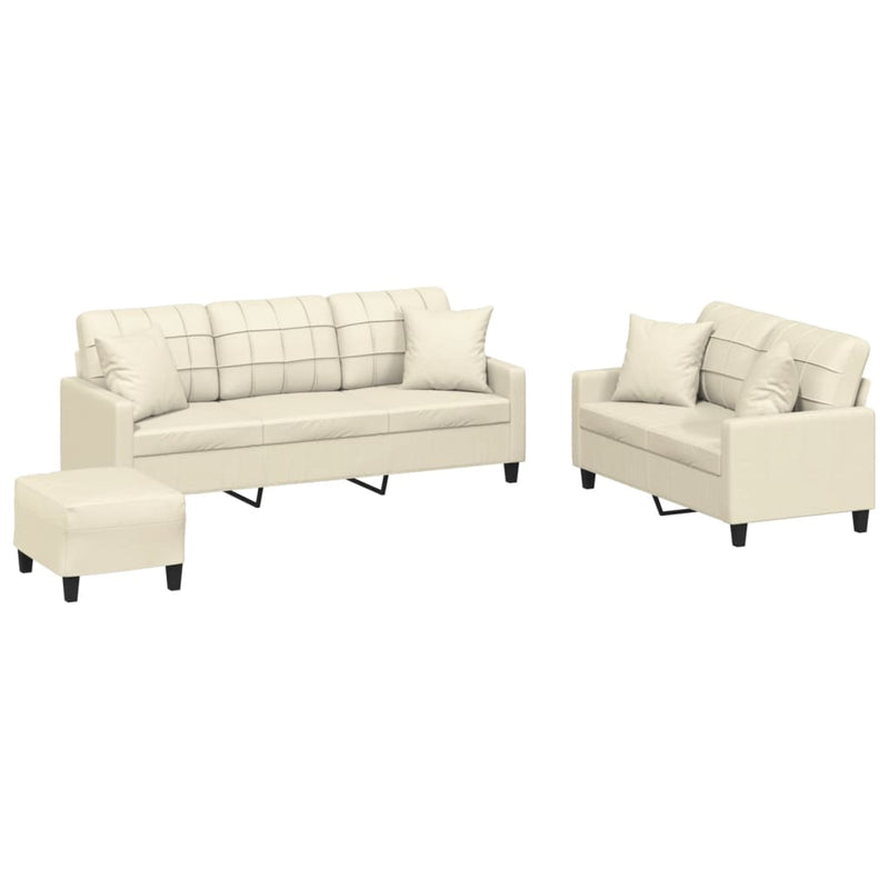 Set de canapele cu perne, 3 piese, crem, piele ecologică