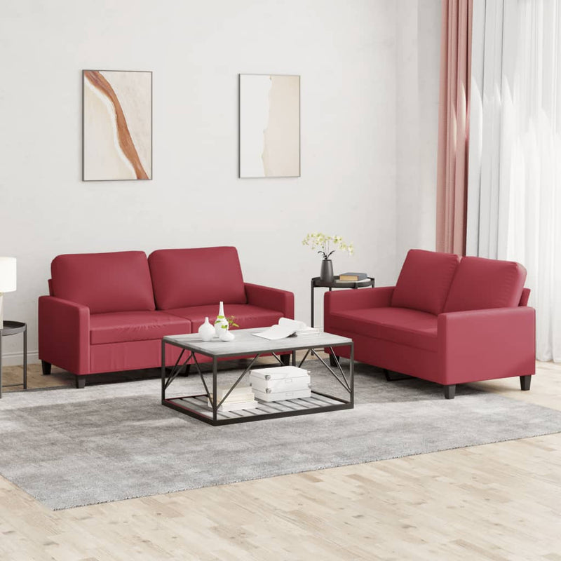 Set de canapele cu perne, 2 piese, roșu vin, piele ecologică