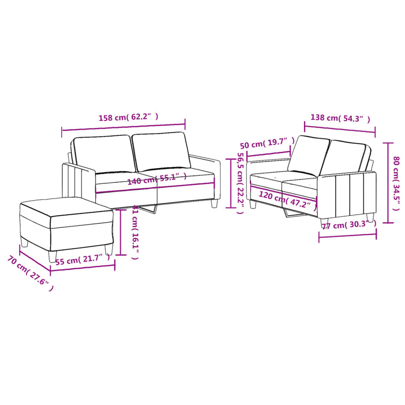 Set de canapele cu perne, 3 piese, gri deschis, textil
